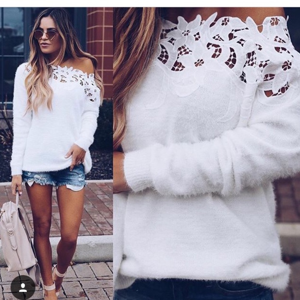 Ivory Off Shoulder Lace Sweater